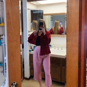 RED & WHITE GINGHAM PANTS WITH EMBROIDERED DETAILS